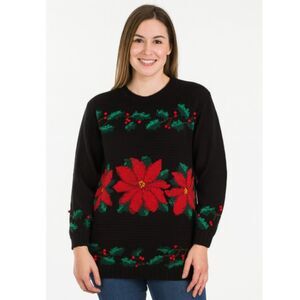 Croft Barrow Black Christmas Sweater Hand Knitted Poinsettia Womens Size XL